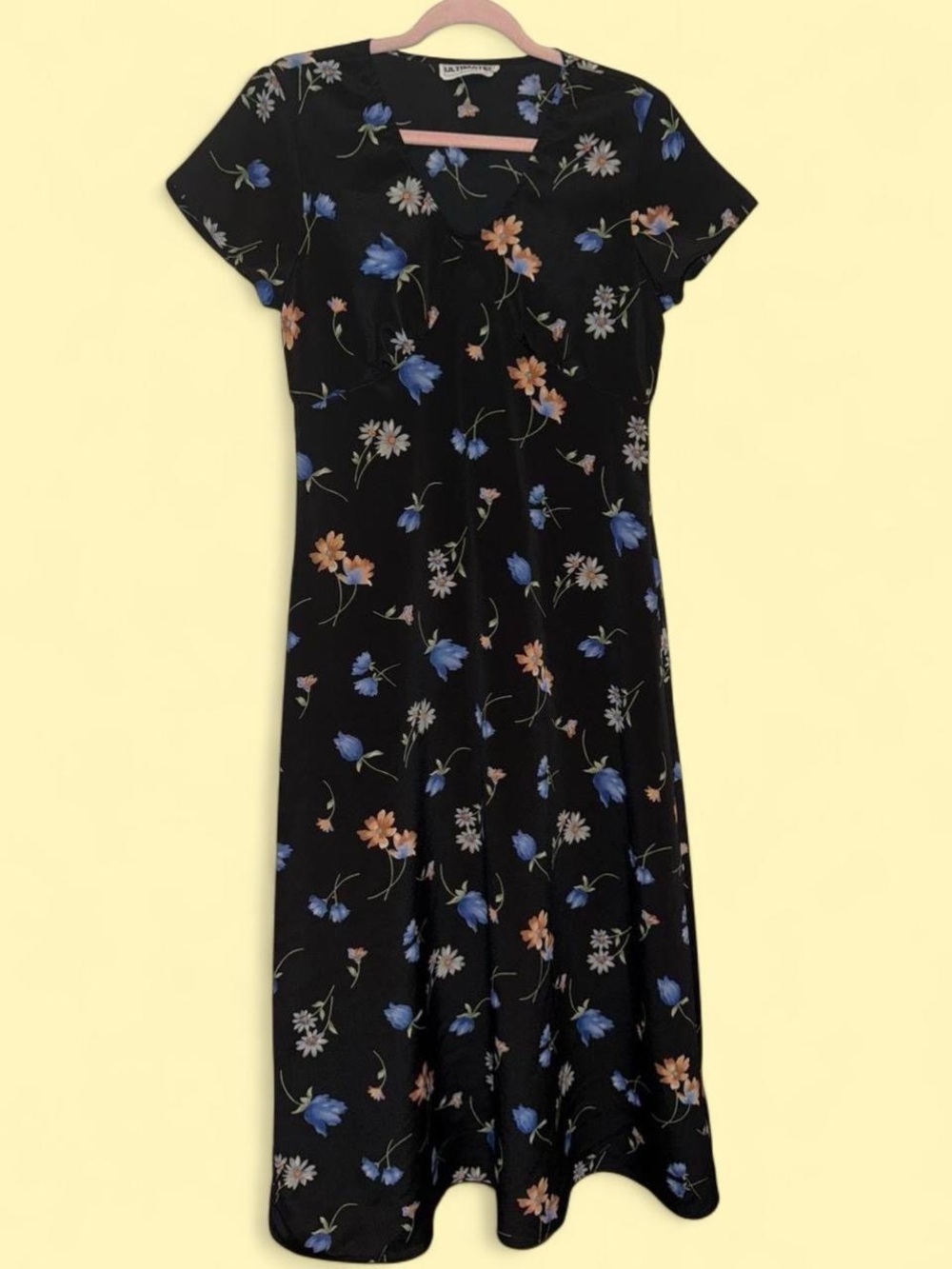 Vintage 90s Black Floral Midi Dress